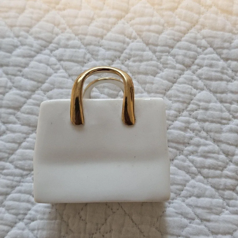 Miniature White Porcelain‎ Shopping Gift Bag Gold Gilded handle Decor bud vase